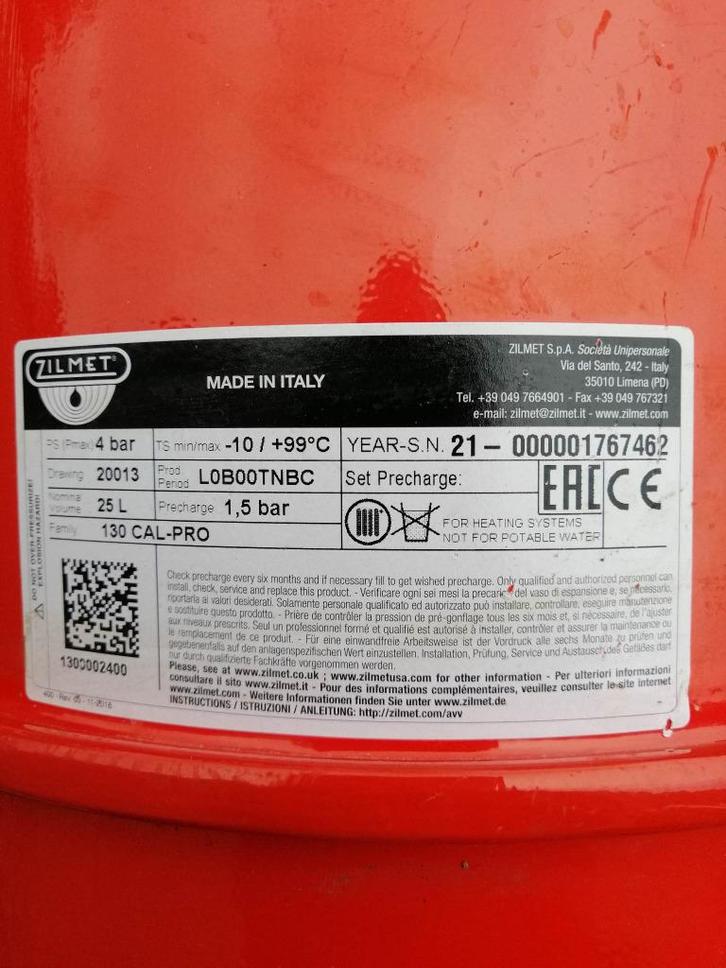 Vase d'expansion ZILMET (25 litres), Doe-het-zelf en Bouw, Verwarming en Radiatoren, Zo goed als nieuw, Cv-ketel of Combi-ketel