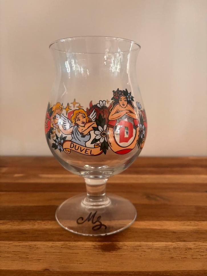 Duvel glas M. Schiffmacher gesigneerd, Verzamelen, Glas en Drinkglazen, Zo goed als nieuw, Ophalen