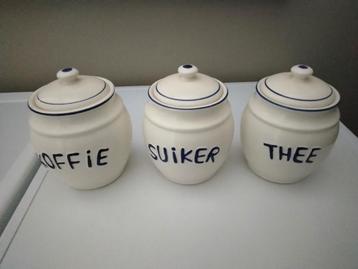 3 pots décoratifs, bocaux de rangement, écru/bleu nieuwstaat, Enlèvement