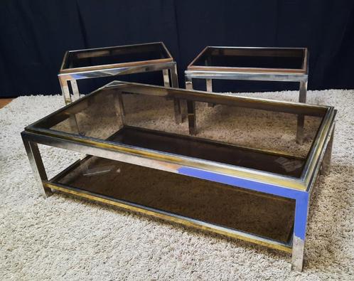 Belgo Chrom De wulf set 3 salontafels, Huis en Inrichting, Tafels | Salontafels, Gebruikt, Rechthoekig, Glas, Metaal, Ophalen