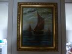 oud schilderij met boten 63 cm op 53 cm, Ophalen of Verzenden