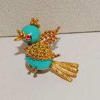 Vintage yellow gold chrysoprase ruby bird, Handtassen en Accessoires, Antieke sieraden, Ophalen, Goud, Broche, Met edelsteen