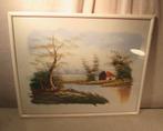 Belle œuvre peinte ancienne 'Ferme et rivière' - 52x42, Enlèvement ou Envoi