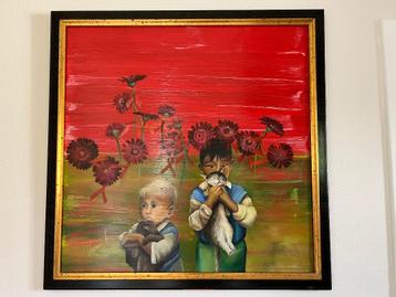 Mooie schilderij Kind met poezen gesigneerd en tekst beschikbaar voor biedingen