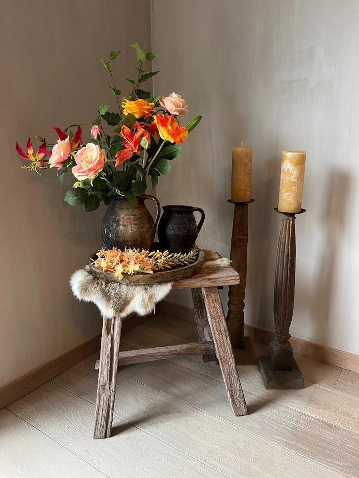 Authentiek houten bankje, kruiken, schaal, kandelaars, Huis en Inrichting, Woonaccessoires | Overige, Gebruikt, Ophalen of Verzenden