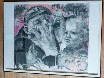 Felbier Maurice - pastel/aquarel "de mondharmonicaspeler" beschikbaar voor biedingen