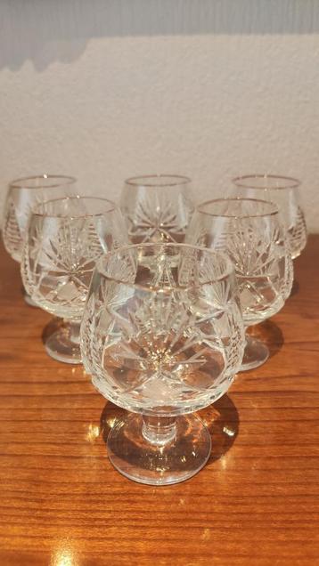 6 antieke handgeslepen Boheems kristallen cognac glazen beschikbaar voor biedingen