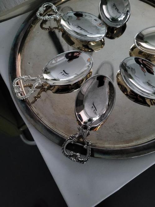 Verzilverd dienblad met 6 amuse lepels of hapjes lepels, Huis en Inrichting, Woonaccessoires | Dienbladen, Gebruikt, Metaal, Rond