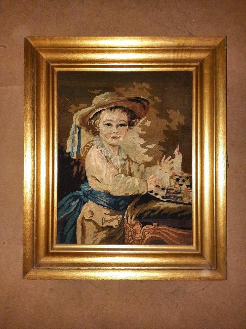 Mooie borduurwerk van een schattig meisje met houten kader, Antiek en Kunst, Curiosa en Brocante, Ophalen of Verzenden