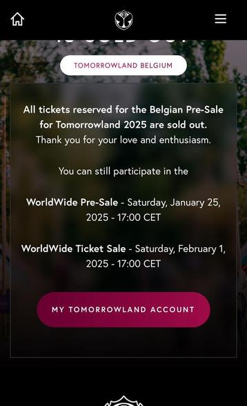 4 tickets gezocht tomorrowland W1 vrijdag