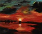 Schilderij zonsondergang op rood, gesigneerd Joky Kamo, Antiek en Kunst, Ophalen