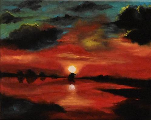 Peinture coucher de soleil on rouge, signé joky Kamo, Antiquités & Art, Art | Peinture | Moderne, Enlèvement