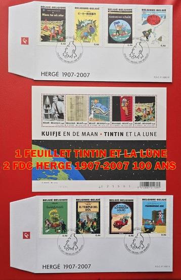 1 FEUILLET TINTIN ET LA LUNE 2 FDC 2007- 100 ANS HERGE