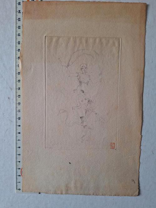 Fijne ets Vrouw met omringd door vele kleine kinderen, Antiek en Kunst, Kunst | Etsen en Gravures, Ophalen of Verzenden