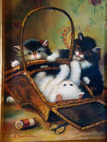 Oud schilderij - „Kittens in de mand” - gesigneerd S. Rumme beschikbaar voor biedingen