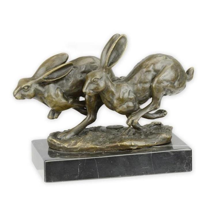 Bronzen Beeld van twee rennende hazen GRATIS LEVERING, Antiek en Kunst, Antiek | Brons en Koper, Brons, Verzenden