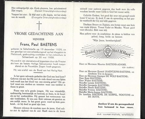Bidprentje Frans Paul BAETENS - arbeidsongeval Vliegplein, Verzamelen, Bidprentjes en Rouwkaarten, Bidprentje, Ophalen of Verzenden