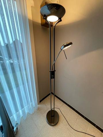 Staande lamp met leeslamp, dimmer. Grijs met halogeenlampjes, Enlèvement, Comme neuf