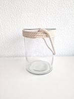 Grand pot en verre / lanterne / vase avec corde en jute, Ophalen of Verzenden, Zo goed als nieuw, Minder dan 25 cm