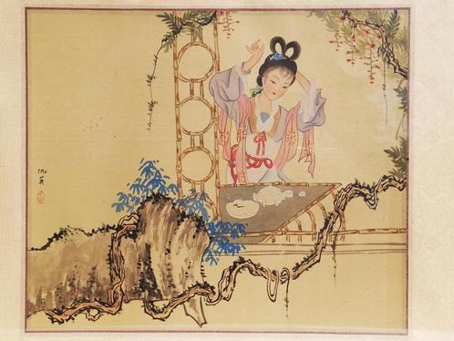 Mooie Chinese aquarel - hofdame in een prieel - 20ste eeuw, Antiek en Kunst, Kunst | Schilderijen | Klassiek, Ophalen of Verzenden