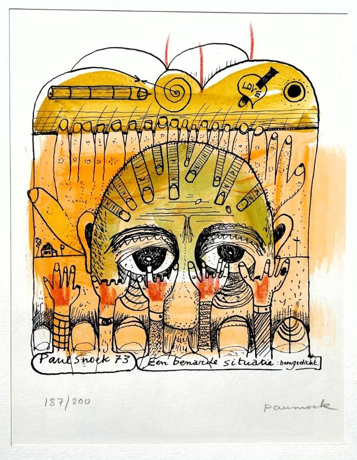PAUL SNOEK - Een benarde situatie - Litho - 27x36cm - kader, Antiek en Kunst, Kunst | Litho's en Zeefdrukken, Ophalen of Verzenden