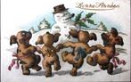 FANTASIEKAART- NIEUWJAAR- VARKENS DANSEN ROND SNEEUWMAN, Ophalen of Verzenden, 1920 tot 1940, Gelopen, Feest(dag)