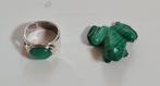 Malachite kikkertje en zilver - agaat ring Vintage, Groen, 18 tot 19, Gebruikt, Ophalen of Verzenden