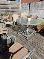 6 vintage tuinstoelen + tafel met gewolkt glas, Tuinset, 6 zitplaatsen, Gebruikt, Stoel