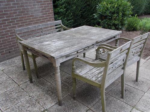 Tuinset Hardhout, Tuin en Terras, Tuinsets en Loungesets, Gebruikt, Tuinset, Hardhout, 4 zitplaatsen, Bank, Eettafel, Stoel, Ophalen
