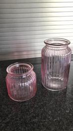 Twee kaarsenhouders in doorzichtig roze glas ( H17-11cm), Maison & Meubles, Accessoires pour la Maison | Bougeoirs & Bougies, Comme neuf