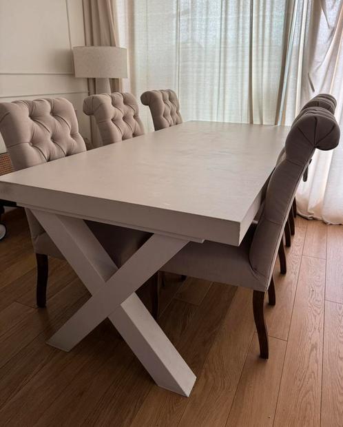 Landelijke Eettafel met 6 Luxe Stoelen  – Stevige X-poot, Huis en Inrichting, Complete eetkamers, Gebruikt, 4 tot 6 stoelen, Ophalen