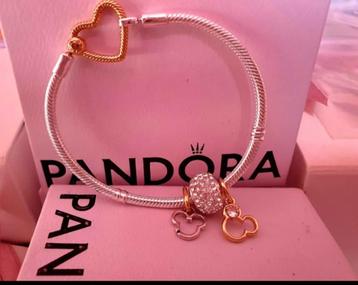 Bracelet coeur Pandora + 2 charmes Mickey & Minnie beschikbaar voor biedingen