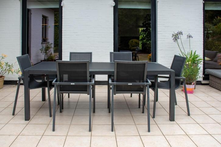 Tuintafel 220 cm met 6 stapelbare stoelen, Tuin en Terras, Tuinsets en Loungesets, Gebruikt, Tuinset, Aluminium, 6 zitplaatsen