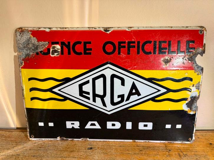Plaque Émaillée Publicitaire Agence Radio ERGA 1936, Verzamelen, Merken en Reclamevoorwerpen, Gebruikt, Ophalen of Verzenden