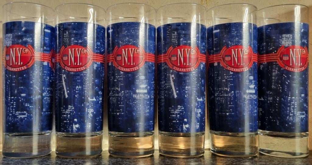 6 glazen NY cigarettes, Verzamelen, Ophalen of Verzenden, Nieuw, Overige typen