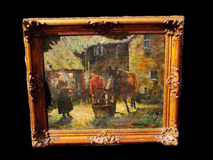 Frans Simons ( 1855 - 1919 ) Op de boerderij, Antiek en Kunst, Kunst | Schilderijen | Klassiek, Ophalen