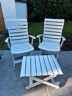 2 tuinstoelen met tafeltje, inclusief kussens, Tuin en Terras, Ophalen, Gebruikt, Kunststof, Verstelbaar