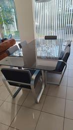 Glazen eettafel + 6 stoelen (geschikt voor binnen en buiten), Huis en Inrichting, Ophalen, Gebruikt, 100 tot 150 cm, 200 cm of meer