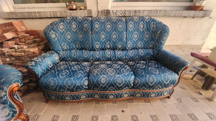 Klassieke zetels (3-zit + 1-zit), Huis en Inrichting, Zetels | Zetels, Gebruikt, Rechte bank, Driepersoons, Hout, Stof, Ophalen