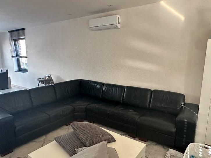 GRATIS: zwarte leren hoekbank, Maison & Meubles, Canapés | Coins salons complets, Utilisé, Cuir, Enlèvement