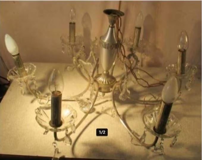 Mooi Retro Luchter in metaal en glas - 64cm, Ophalen of Verzenden, Huis en Inrichting