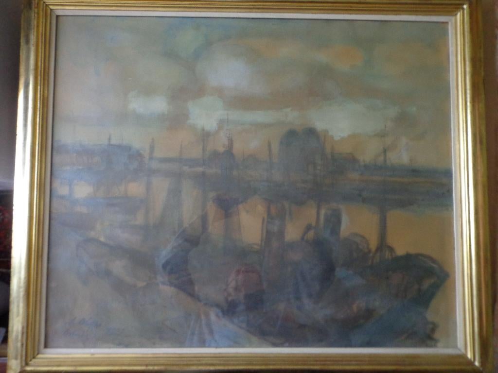 grote aquarel Auguste Oleffe Oostende uit 1929, Antiquités & Art, Art | Dessins & Photographie, Enlèvement