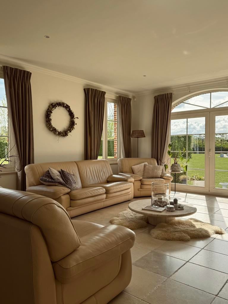 Lederen salon beige/ecru – 3+2+1 – goede staat, Huis en Inrichting, Ophalen, Gebruikt, Leer, Landelijk, tijdloos, kwalitatief