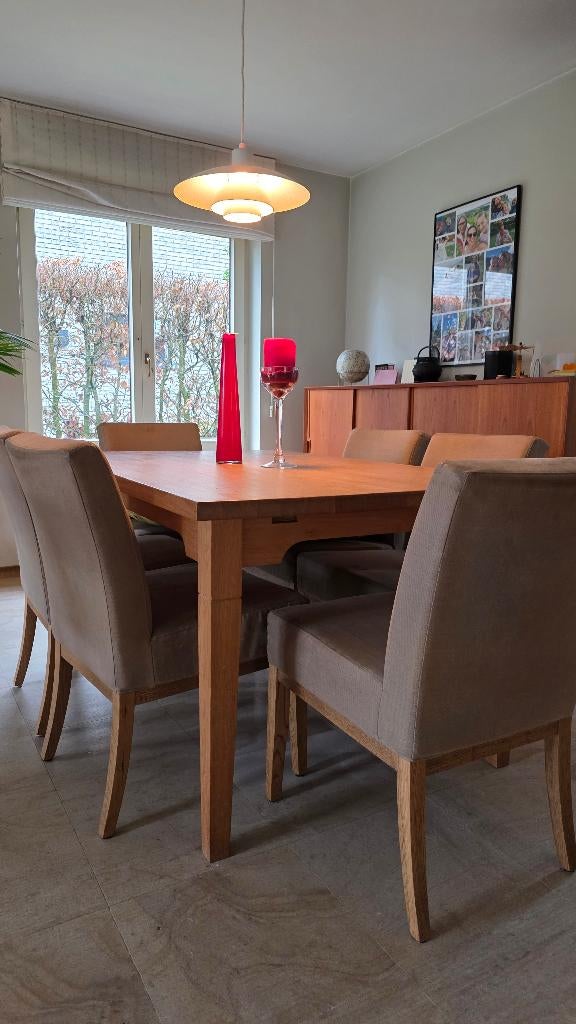 EIKEN(VOLLE EIK !) eetkamertafel+2 verlengstukken+8 stoelen, Huis en Inrichting, Ophalen, Gebruikt, Eikenhout, Vijf personen of meer