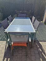 Tuinset – tafel met glazen blad + 6 stoelen, Tuin en Terras, Ophalen, Gebruikt, 6 zitplaatsen, Aluminium