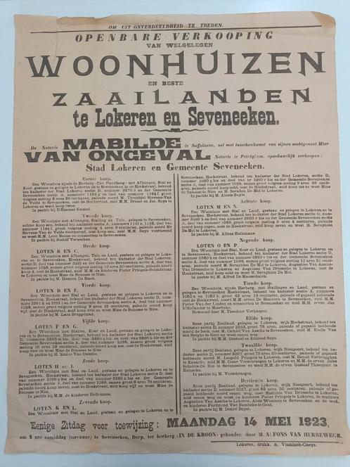 Affiche van Woonhuizen te Koop in Lokeren Seveneken 1923, Antiek en Kunst, Antiek | Overige Antiek, Ophalen of Verzenden