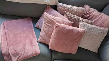 Een set van 8 roze sierkussens + fluweel deken