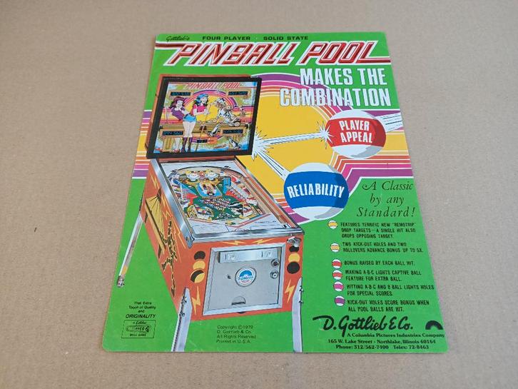 Flyer: Gottlieb Pinball Pool (1979) Flipperkast, Collections, Machines | Flipper (jeu), Gottlieb, Envoi