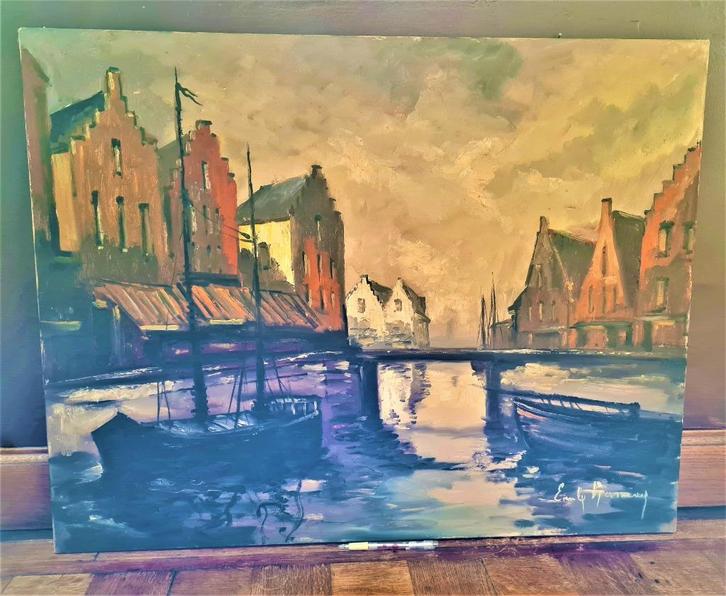 Groot oliedoek zeilschepen in historische stad Emile Lammers, Antiek en Kunst, Kunst | Schilderijen | Klassiek, Ophalen