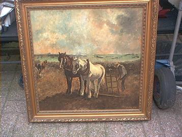 Schilderij Boer ploegt met Paardenspan G KELLER Kalmthout beschikbaar voor biedingen